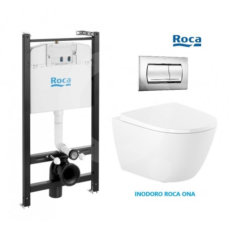 Conjunto ROCA Active, pulsador PVC Cromo brillo con WC suspendido ROCA RIMLESS completo
