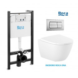 Conjunto ROCA Active, pulsador PVC Cromo mate con WC suspendido ROCA RIMLESS completo