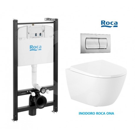 Conjunto ROCA Active, pulsador PVC Cromo mate con WC suspendido ROCA RIMLESS completo
