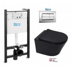 Conjunto ROCA Active, pulsador PVC Cromo brillo con WC suspendido Softclose Infinitio Negro mate SATINF010RREXPBKM de SAT