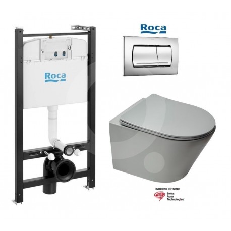Conjunto ROCA Active, pulsador PVC Cromo brillo con WC suspendido Softclose Infinitio Gris mate SATINF010RREXPLGRM de SAT